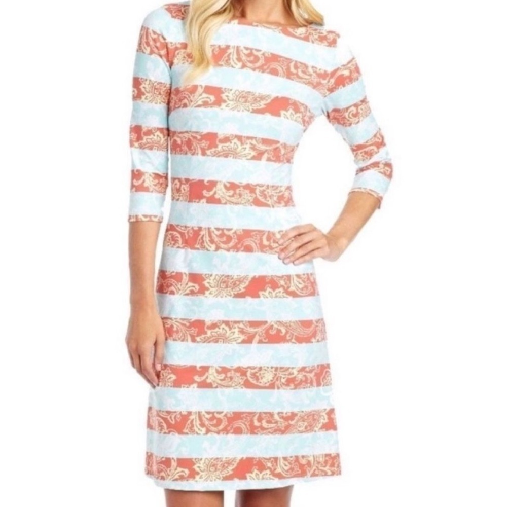 J. McLaughlin Mari Striped Paisley Blue & Red Catalina Cloth Dress SIZE LARGE